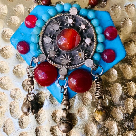 Handmade NECKLACE TURQ HOWLITE/CARNELIAN STONE UNIQUE VINTAGE AFGHAN Silver - Picture 14 of 16